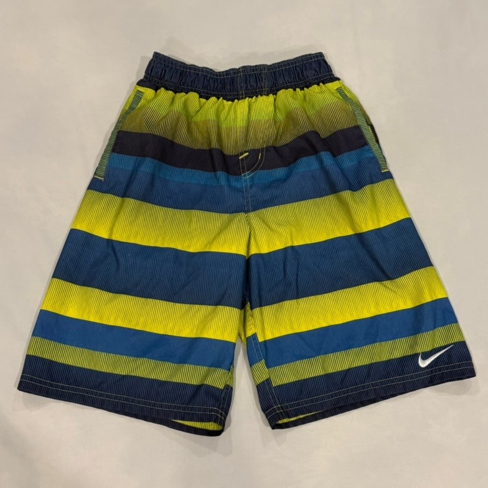 Nike Swim‎ Trunks Boys Medium Blue Lime Green Excellent Striped Board Shorts